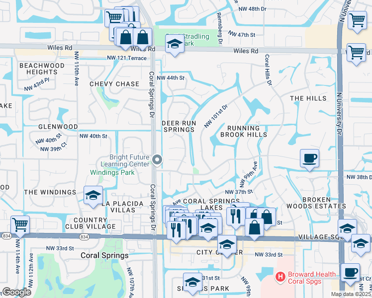 map of restaurants, bars, coffee shops, grocery stores, and more near 4015 Northwest 103rd Drive in Coral Springs