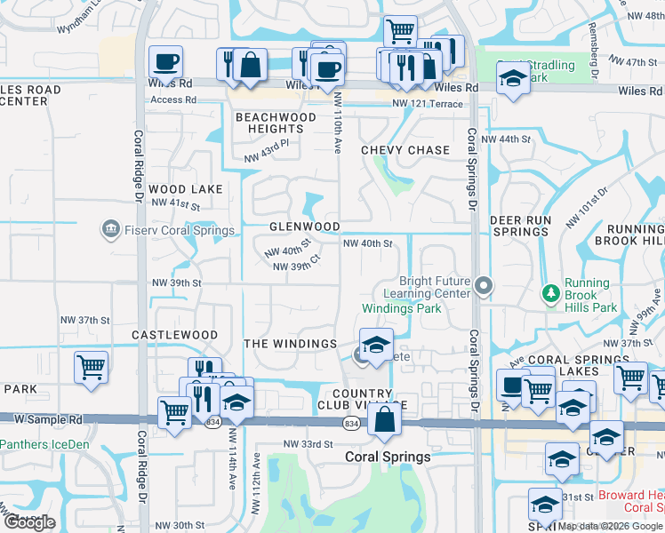 map of restaurants, bars, coffee shops, grocery stores, and more near 11161 Northwest 39th Court in Coral Springs