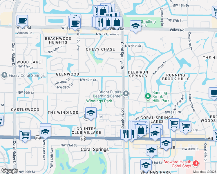 map of restaurants, bars, coffee shops, grocery stores, and more near 10640 Northwest 40th Street in Coral Springs