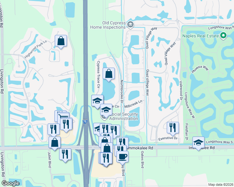 map of restaurants, bars, coffee shops, grocery stores, and more near 2502 Oakes Boulevard in Naples