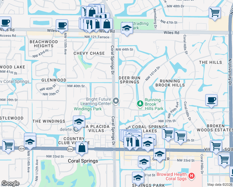 map of restaurants, bars, coffee shops, grocery stores, and more near 3990 Coral Springs Drive in Coral Springs