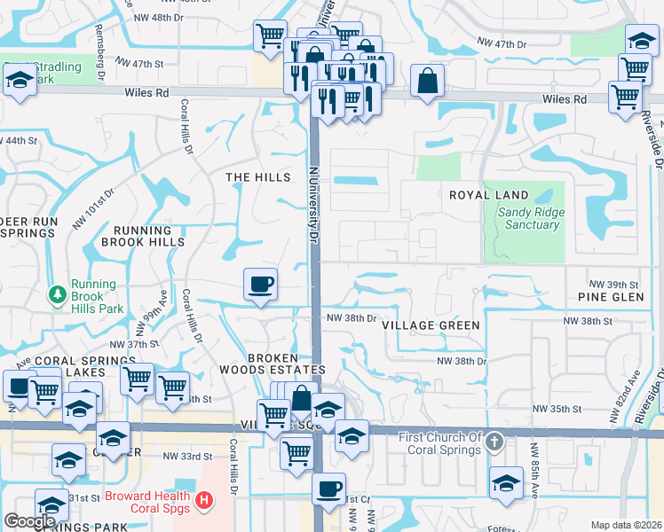 map of restaurants, bars, coffee shops, grocery stores, and more near in Coral Springs