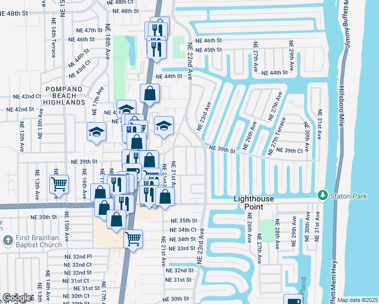 map of restaurants, bars, coffee shops, grocery stores, and more near 2251 Northeast 40th Court in Lighthouse Point