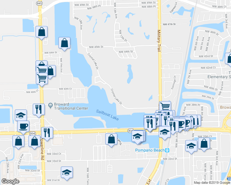 map of restaurants, bars, coffee shops, grocery stores, and more near 4000 Crystal Lake Drive in Pompano Beach