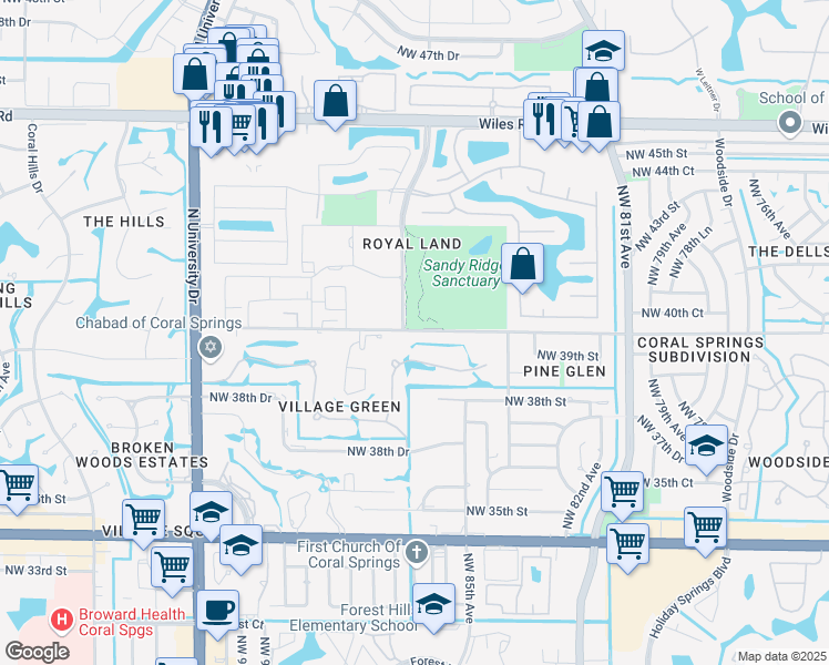 map of restaurants, bars, coffee shops, grocery stores, and more near 4104 Northwest 88th Avenue in Coral Springs