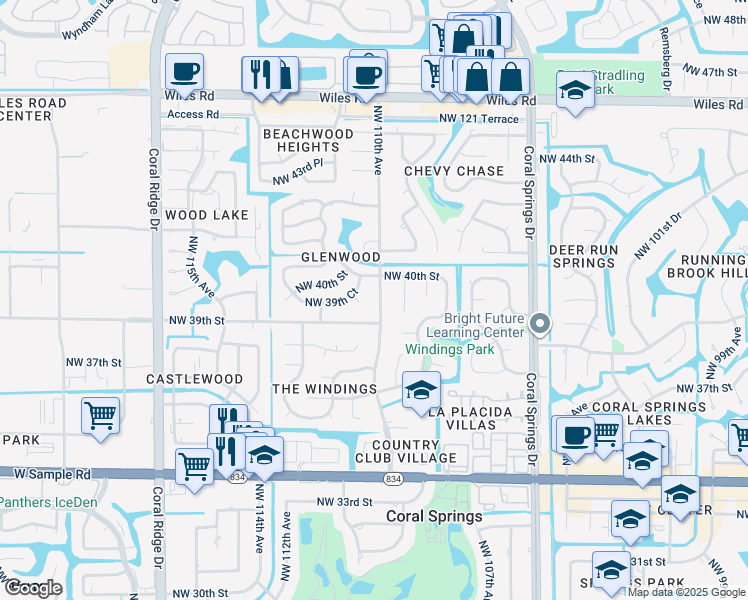 map of restaurants, bars, coffee shops, grocery stores, and more near 3961A Northwest 110th Avenue in Coral Springs