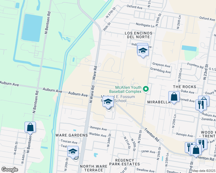 map of restaurants, bars, coffee shops, grocery stores, and more near 3413 Cornell Avenue in McAllen