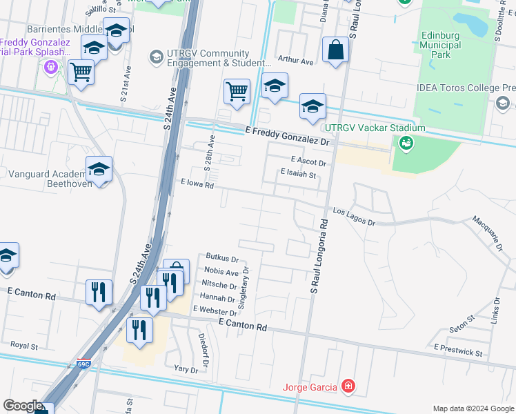 map of restaurants, bars, coffee shops, grocery stores, and more near 2121 Citrus Lane in Edinburg