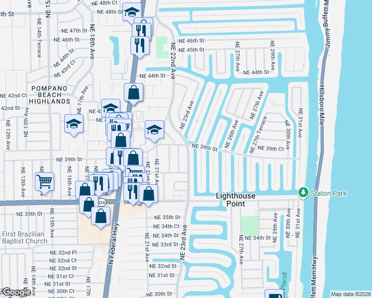 map of restaurants, bars, coffee shops, grocery stores, and more near 3870 Northeast 23rd Avenue in Lighthouse Point