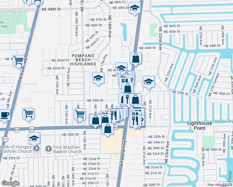 map of restaurants, bars, coffee shops, grocery stores, and more near 3951 Northeast 19th Road in Pompano Beach