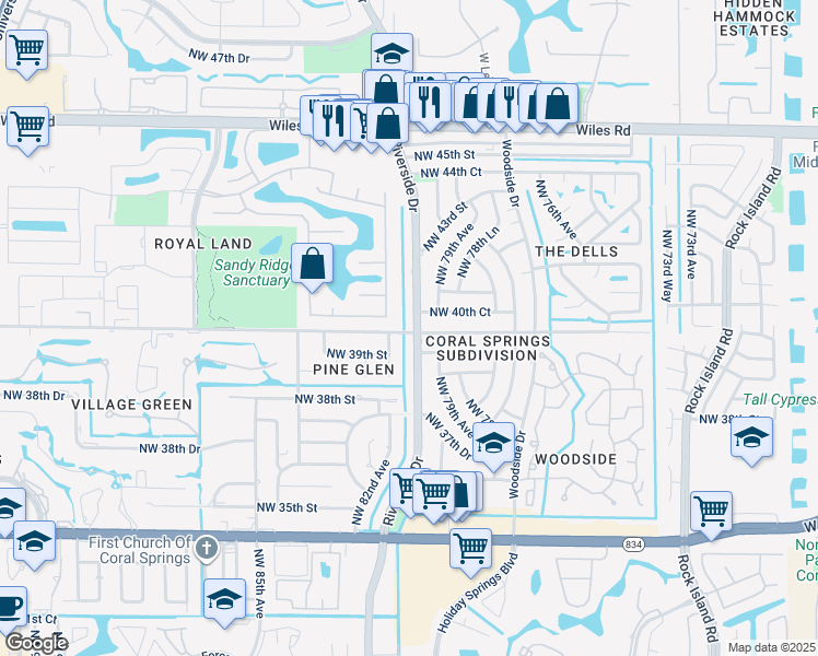 map of restaurants, bars, coffee shops, grocery stores, and more near 4060 Northwest 81st Avenue in Coral Springs