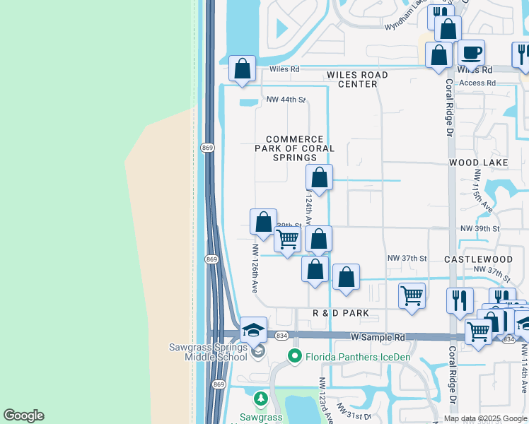 map of restaurants, bars, coffee shops, grocery stores, and more near 3979 Northwest 126th Avenue in Coral Springs
