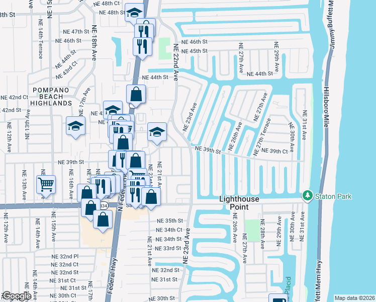 map of restaurants, bars, coffee shops, grocery stores, and more near 3871 Northeast 23rd Avenue in Lighthouse Point