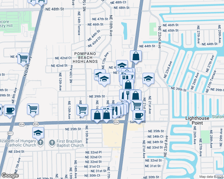 map of restaurants, bars, coffee shops, grocery stores, and more near 3900 Northeast 17th Avenue in Pompano Beach