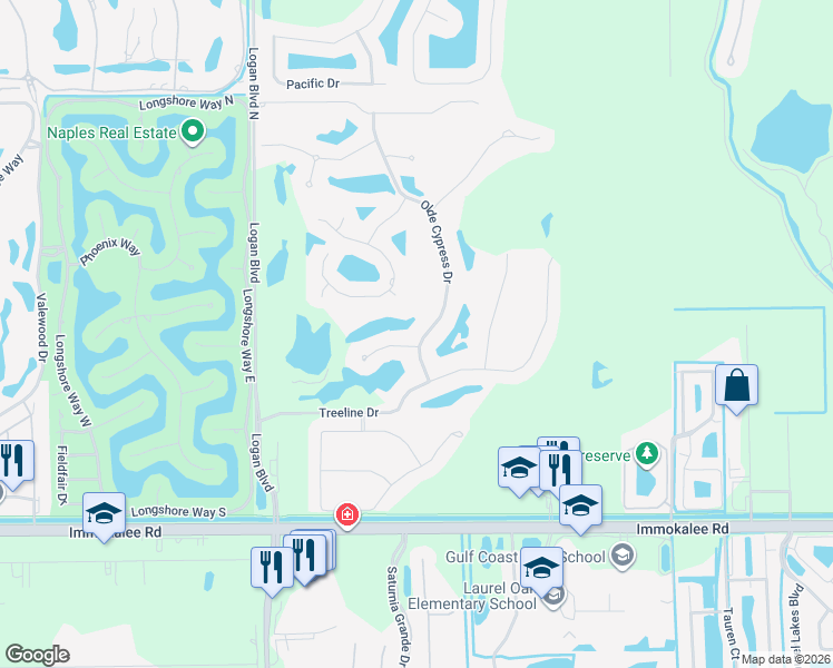 map of restaurants, bars, coffee shops, grocery stores, and more near 2717 Olde Cypress Drive in Naples