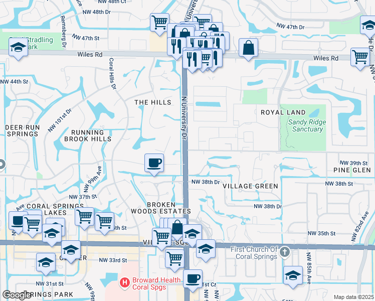 map of restaurants, bars, coffee shops, grocery stores, and more near in Coral Springs