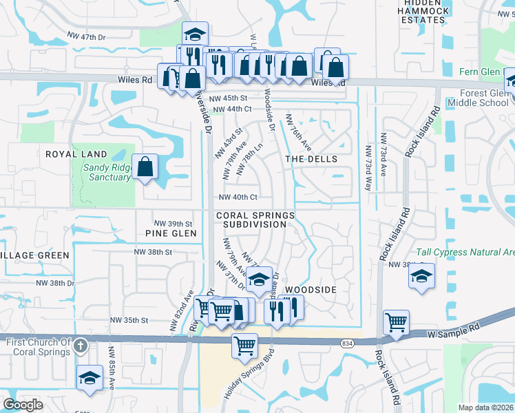 map of restaurants, bars, coffee shops, grocery stores, and more near 7805 Northwest 40th Street in Coral Springs
