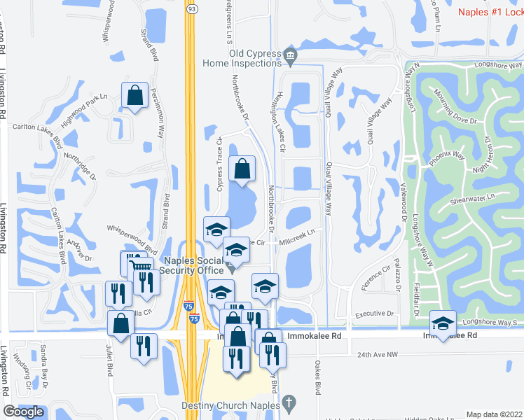 map of restaurants, bars, coffee shops, grocery stores, and more near 2502 Oakes Boulevard in Naples