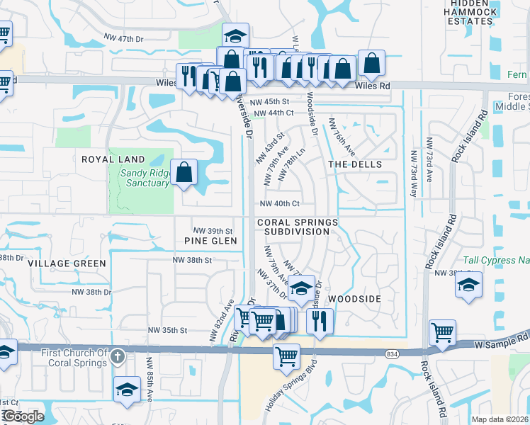 map of restaurants, bars, coffee shops, grocery stores, and more near 7816 Northwest 40th Court in Coral Springs