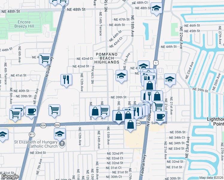 map of restaurants, bars, coffee shops, grocery stores, and more near 4020 Northeast 15th Avenue in Pompano Beach