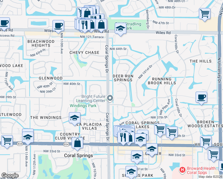 map of restaurants, bars, coffee shops, grocery stores, and more near 3990 Coral Springs Drive in Coral Springs