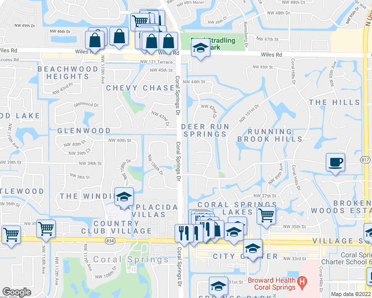 map of restaurants, bars, coffee shops, grocery stores, and more near 3990 Coral Springs Drive in Coral Springs