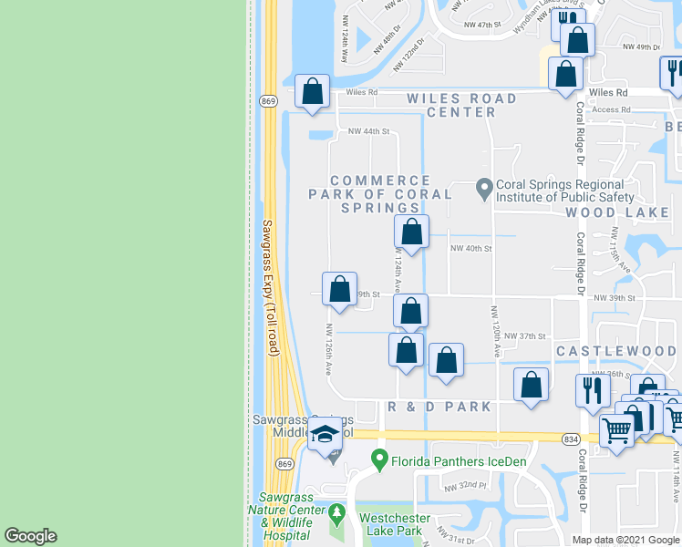 map of restaurants, bars, coffee shops, grocery stores, and more near 3979 Northwest 126th Avenue in Coral Springs