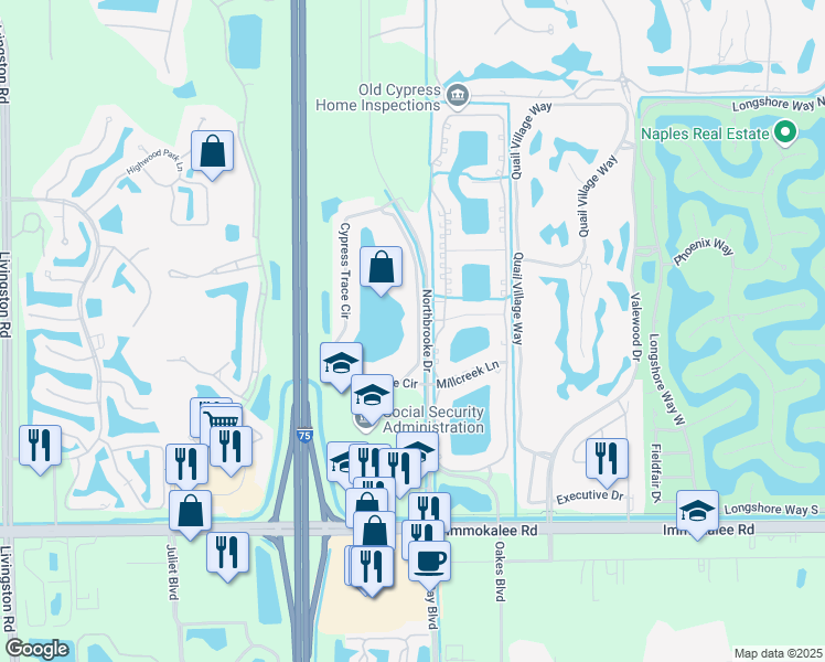 map of restaurants, bars, coffee shops, grocery stores, and more near 2502 Oakes Boulevard in Naples