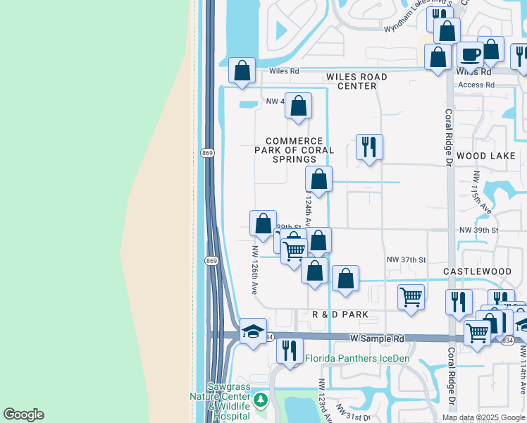 map of restaurants, bars, coffee shops, grocery stores, and more near 3979 Northwest 126th Avenue in Coral Springs
