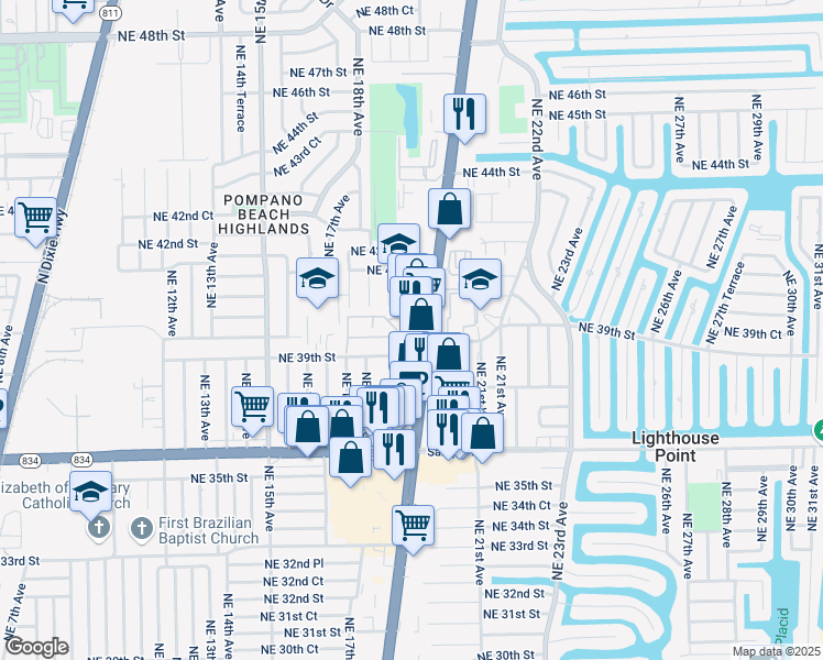 map of restaurants, bars, coffee shops, grocery stores, and more near 3955 North Federal Highway in Lighthouse Point