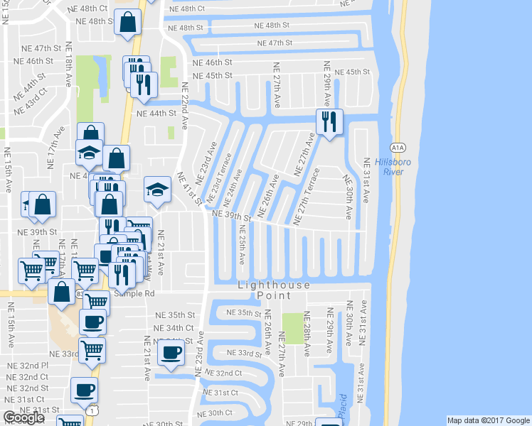 map of restaurants, bars, coffee shops, grocery stores, and more near 3910 Northeast 26th Avenue in Lighthouse Point