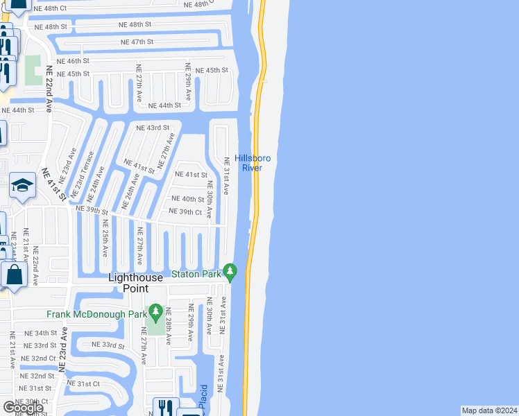 map of restaurants, bars, coffee shops, grocery stores, and more near 1051 Florida A1A in Hillsboro Beach