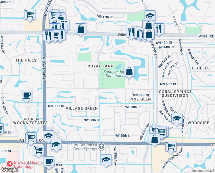 map of restaurants, bars, coffee shops, grocery stores, and more near 8501 Northwest 40th Street in Coral Springs