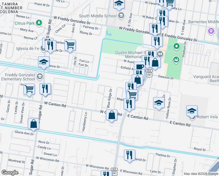 map of restaurants, bars, coffee shops, grocery stores, and more near 2407 Blue Ridge Drive in Edinburg