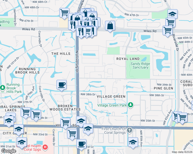 map of restaurants, bars, coffee shops, grocery stores, and more near 4149 Northwest 90th Avenue in Coral Springs