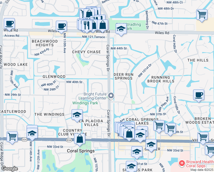 map of restaurants, bars, coffee shops, grocery stores, and more near 3990 Coral Springs Drive in Coral Springs