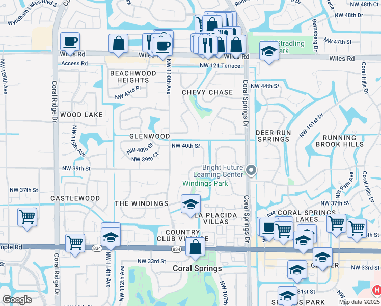 map of restaurants, bars, coffee shops, grocery stores, and more near 3980 Northwest 108th Avenue in Coral Springs