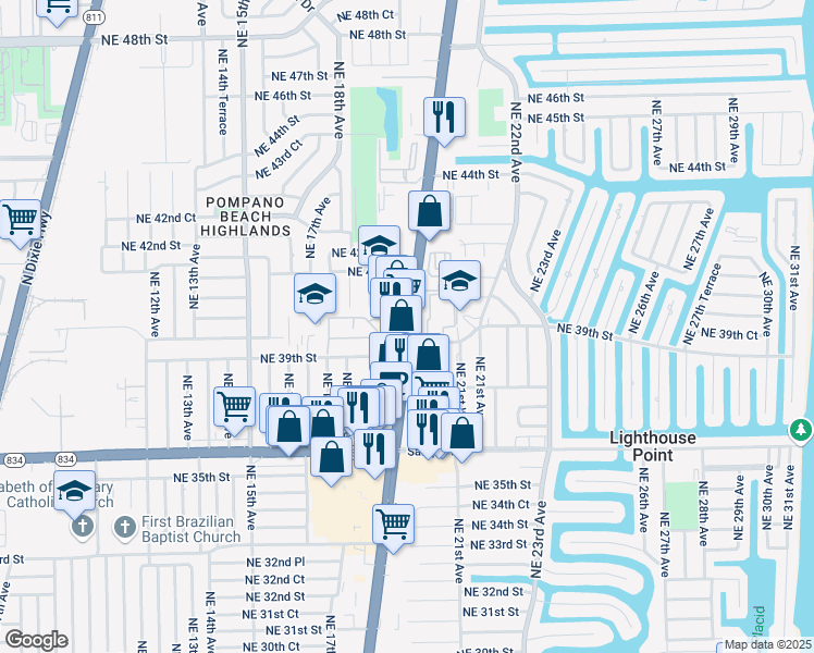 map of restaurants, bars, coffee shops, grocery stores, and more near 3955 North Federal Highway in Lighthouse Point