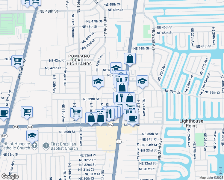 map of restaurants, bars, coffee shops, grocery stores, and more near 3951 Northeast 19th Road in Pompano Beach