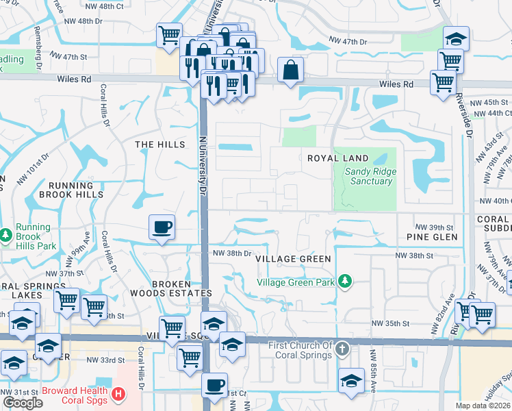 map of restaurants, bars, coffee shops, grocery stores, and more near 4149 Northwest 90th Avenue in Coral Springs
