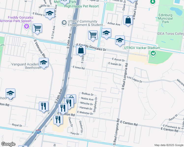 map of restaurants, bars, coffee shops, grocery stores, and more near 1902 East Iowa Road in Edinburg