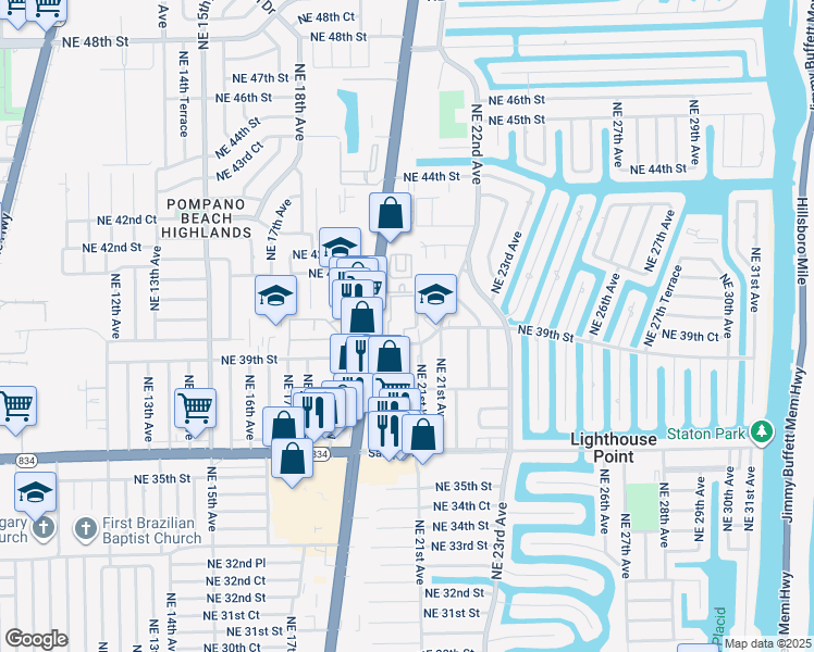map of restaurants, bars, coffee shops, grocery stores, and more near 1991 Northeast 39th Street in Lighthouse Point