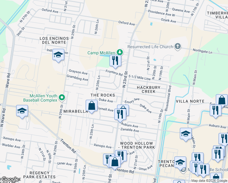map of restaurants, bars, coffee shops, grocery stores, and more near 2321 Fullerton Avenue in McAllen