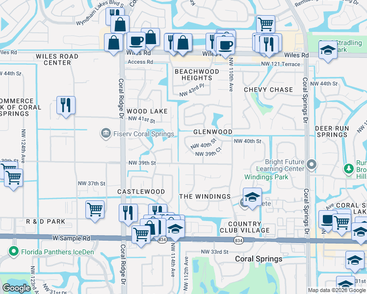 map of restaurants, bars, coffee shops, grocery stores, and more near 4020 Northwest 113th Avenue in Coral Springs