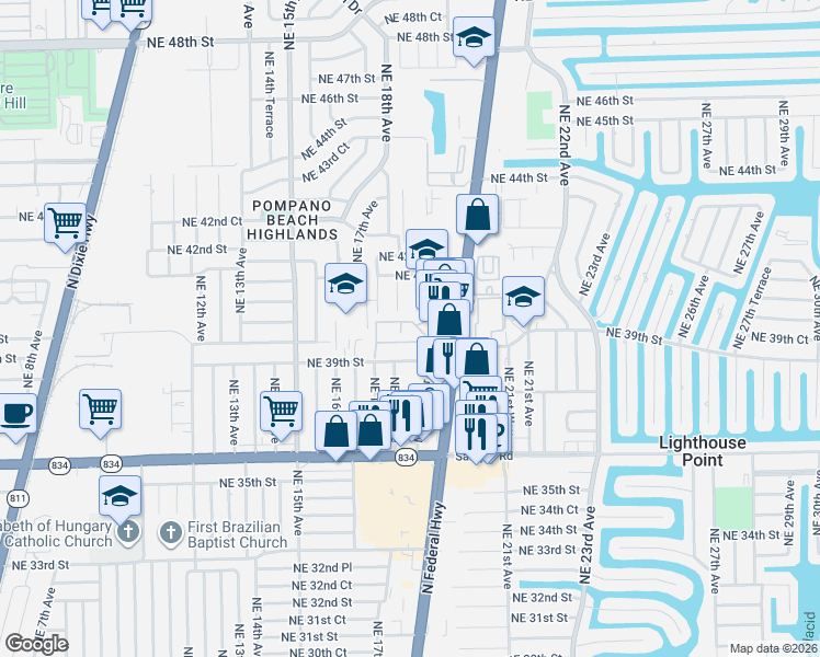map of restaurants, bars, coffee shops, grocery stores, and more near 3951 Northeast 19th Road in Pompano Beach