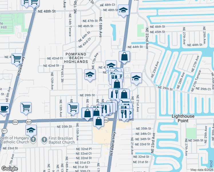 map of restaurants, bars, coffee shops, grocery stores, and more near 3951 Northeast 19th Road in Pompano Beach