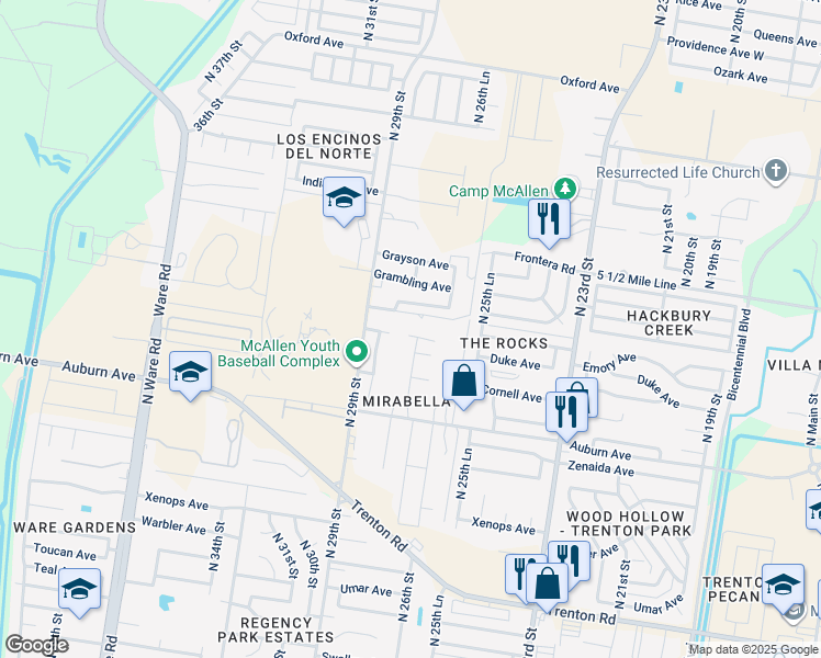 map of restaurants, bars, coffee shops, grocery stores, and more near 2720 Duke Ave in McAllen