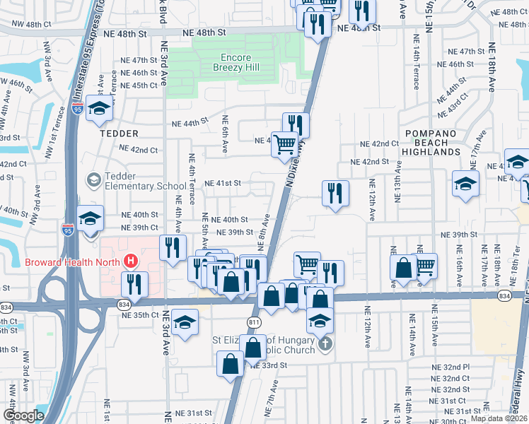 map of restaurants, bars, coffee shops, grocery stores, and more near 4011 Northeast 8th Avenue in Pompano Beach