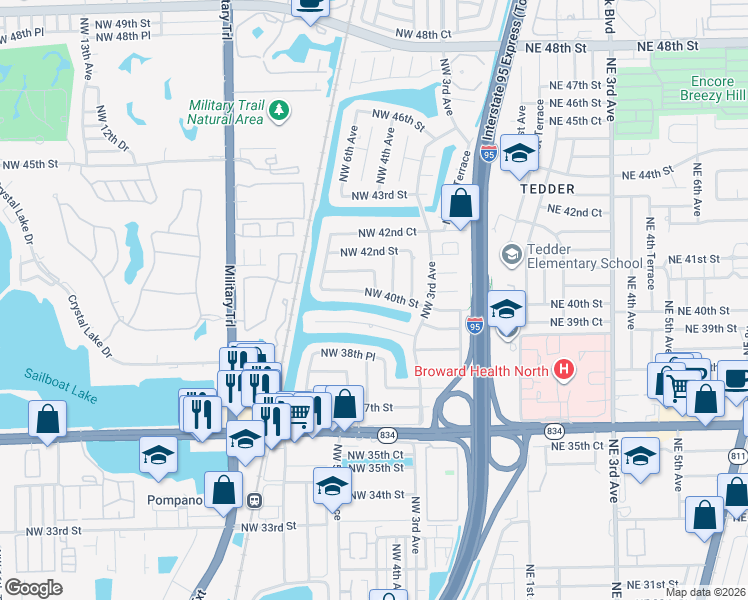 map of restaurants, bars, coffee shops, grocery stores, and more near 410 Northwest 40th Street in Pompano Beach
