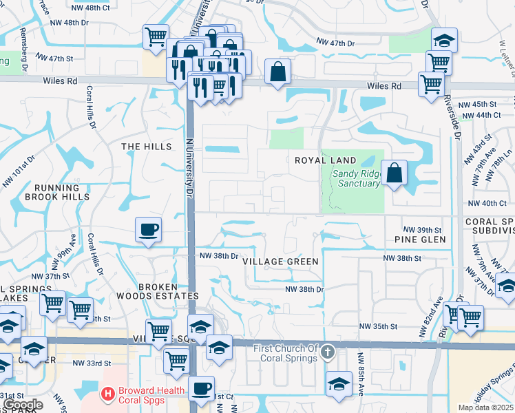 map of restaurants, bars, coffee shops, grocery stores, and more near 4137 Cardinal Road in Coral Springs